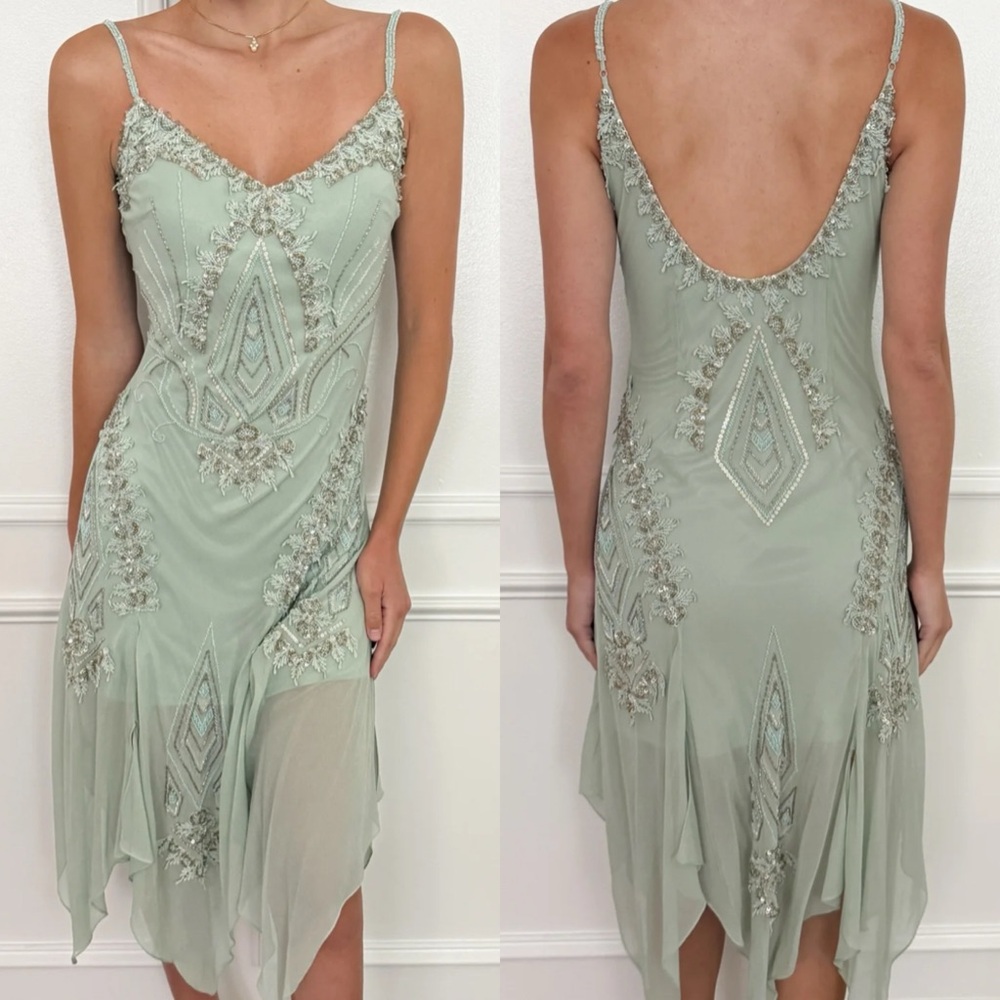 Vintage Green 100% Silk Beaded Dress Vintage Silk Dress Fairy Sue Wong Prom - Picture 14 of 17